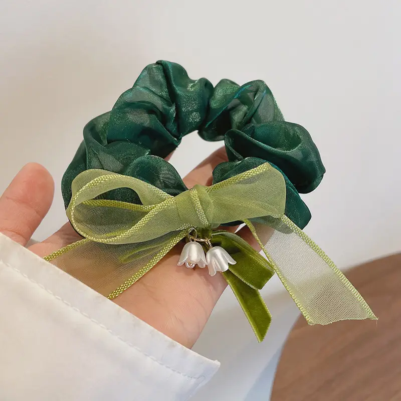 Black Lily of the Valley Hair Tie with Green Leaves
