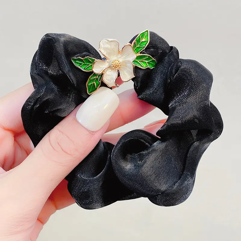 Black Lily of the Valley Hair Tie with Green Leaves