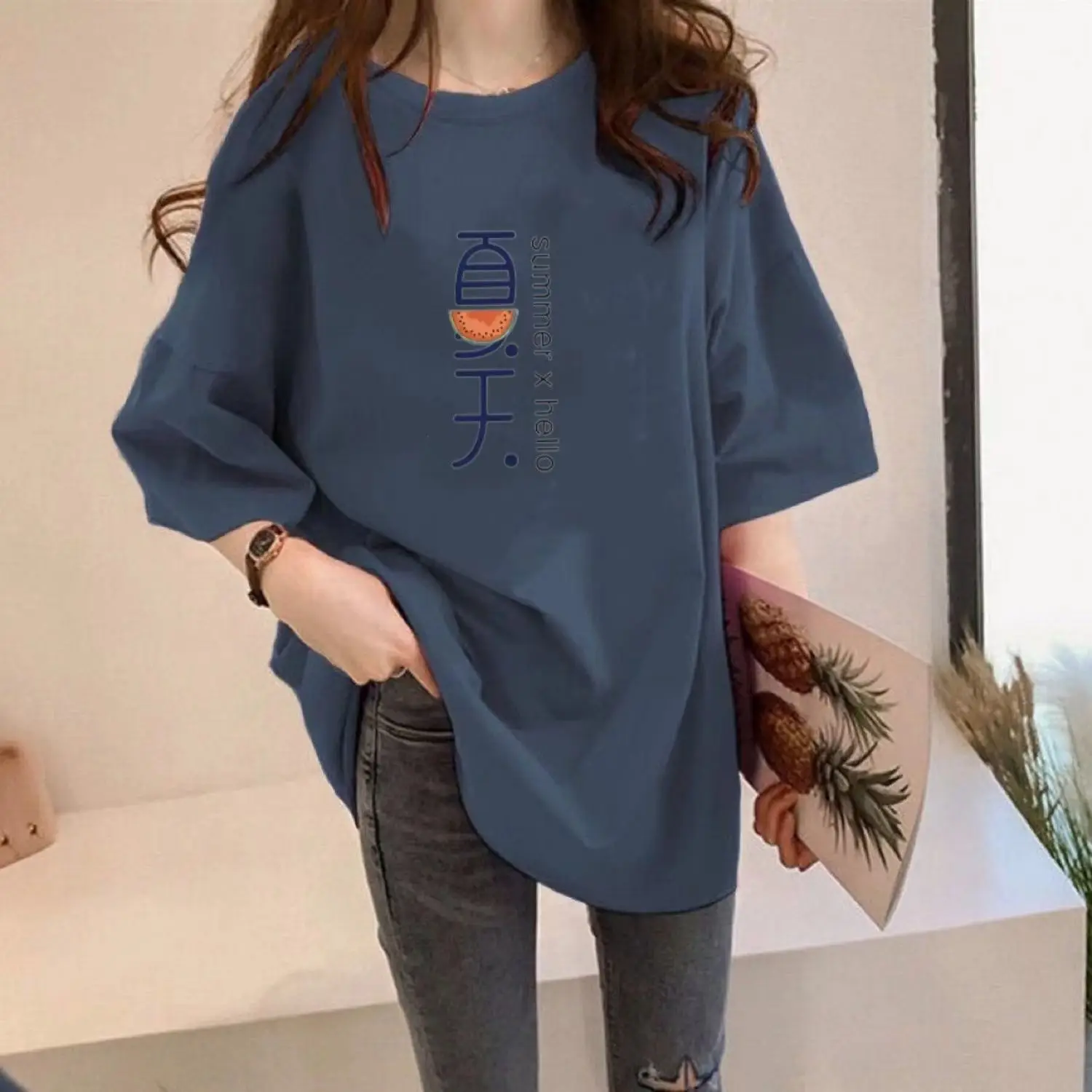 Women Cotton Printed T-Shirt White Loose Summer