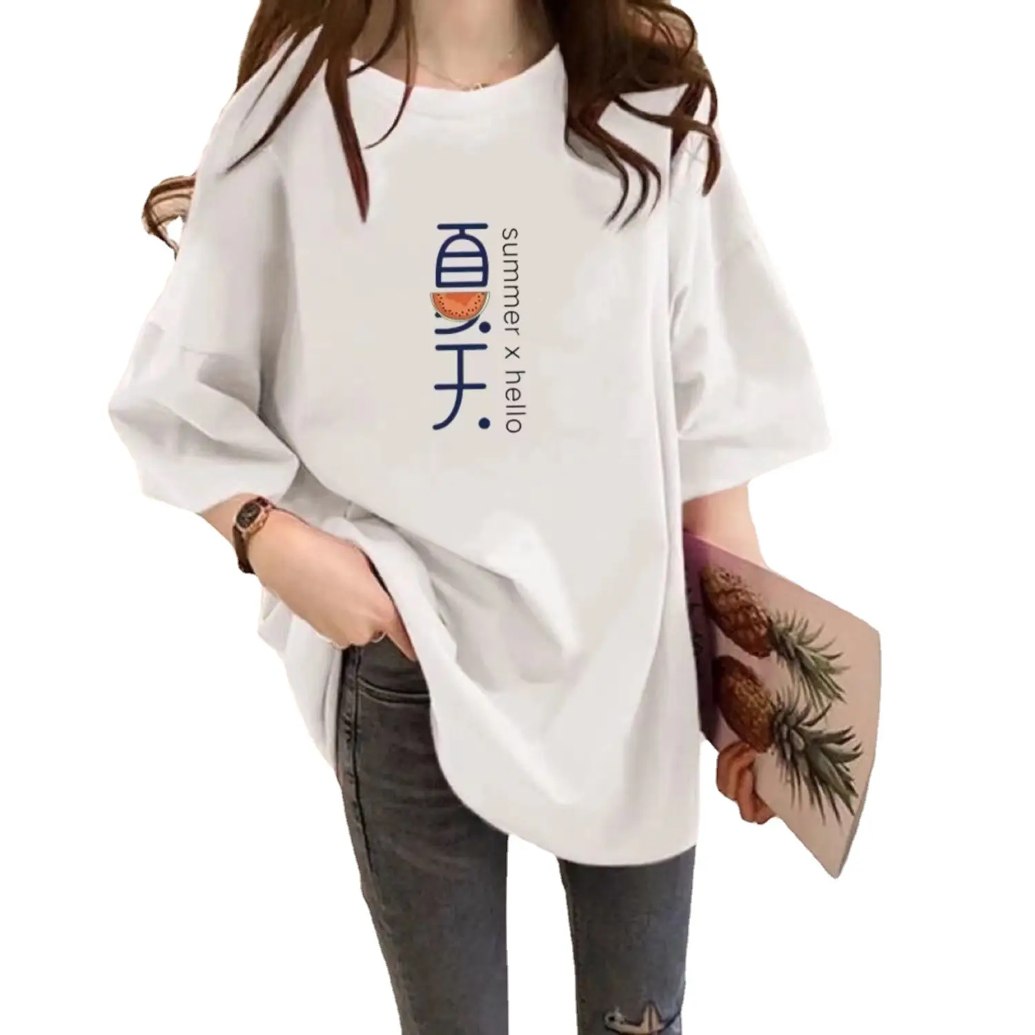 Women Cotton Printed T-Shirt White Loose Summer
