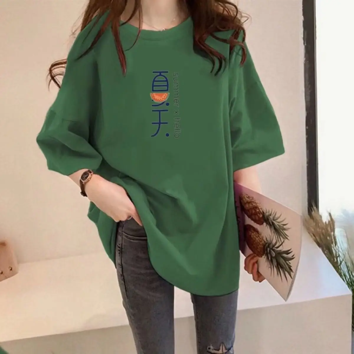 Women Cotton Printed T-Shirt White Loose Summer