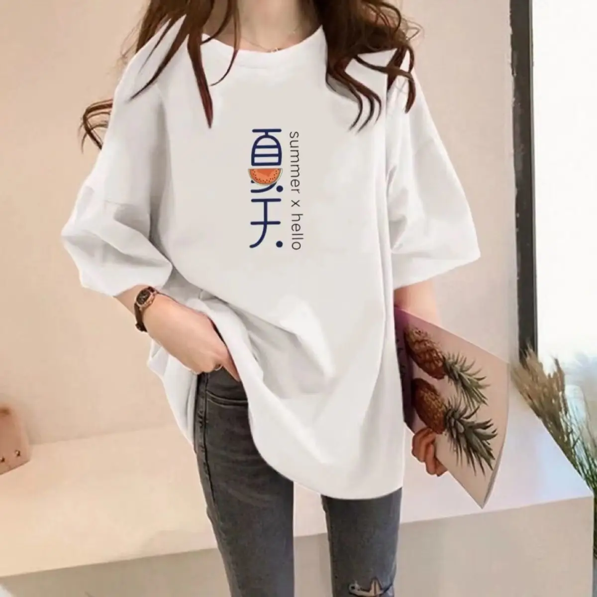 Women Cotton Printed T-Shirt White Loose Summer