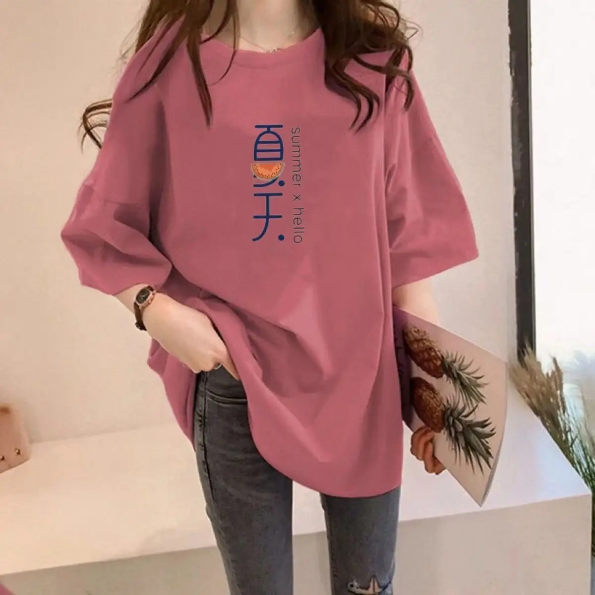 Women Cotton Printed T-Shirt White Loose Summer