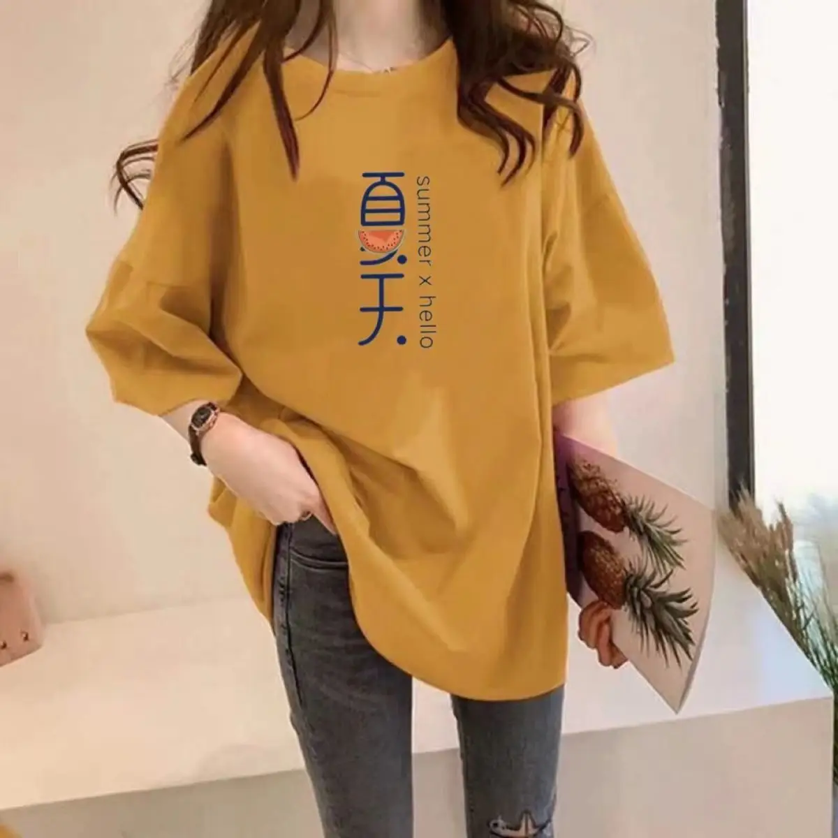 Women Cotton Printed T-Shirt White Loose Summer