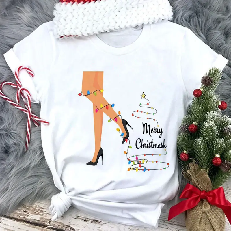Women White Merry Christmas T-Shirt with High Heel Cartoon Print - Image 16