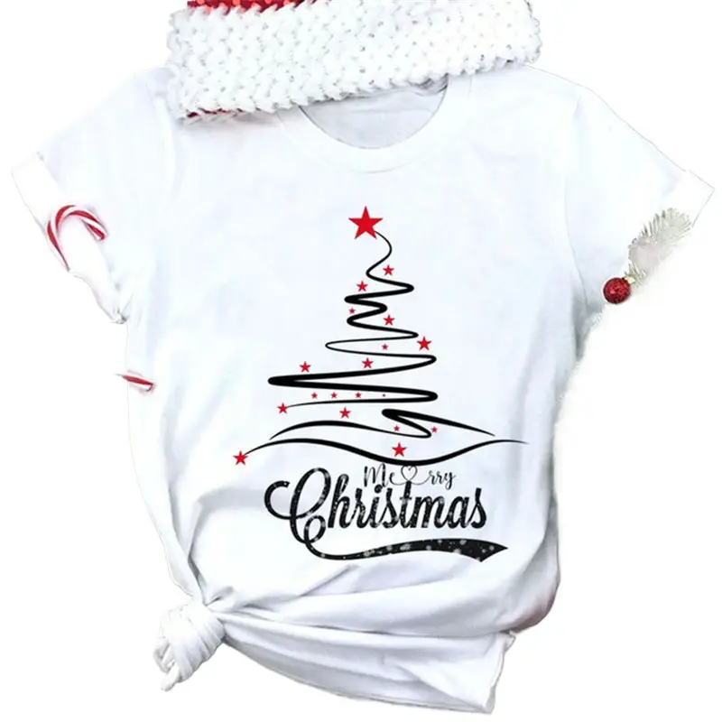 Women White Merry Christmas T-Shirt with High Heel Cartoon Print - Image 17