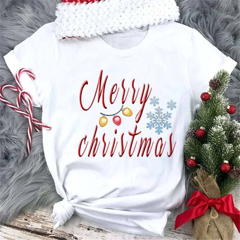Women White Merry Christmas T-Shirt with High Heel Cartoon Print - Image 10