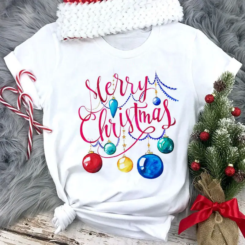 Women White Merry Christmas T-Shirt with High Heel Cartoon Print - Image 11
