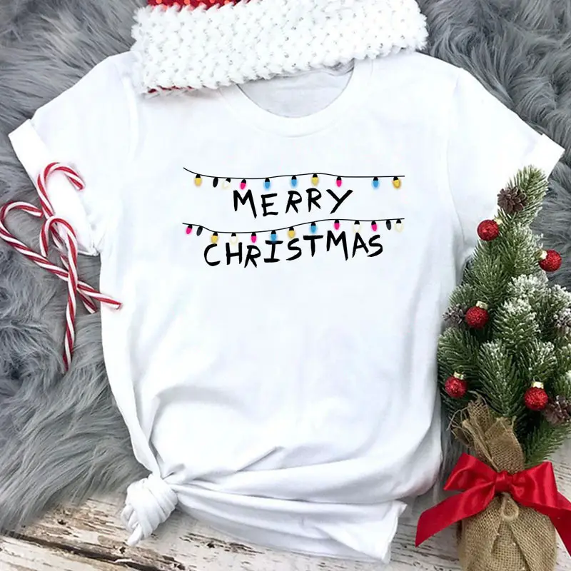 Women White Merry Christmas T-Shirt with High Heel Cartoon Print - Image 12