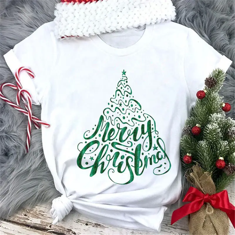 Women White Merry Christmas T-Shirt with High Heel Cartoon Print - Image 13