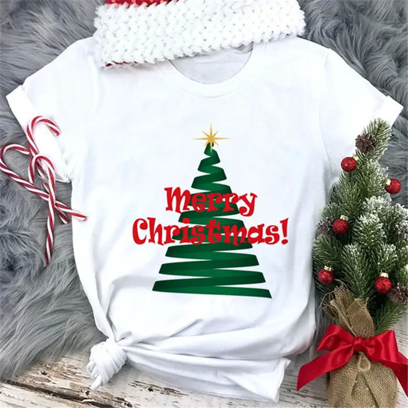 Women White Merry Christmas T-Shirt with High Heel Cartoon Print - Image 14