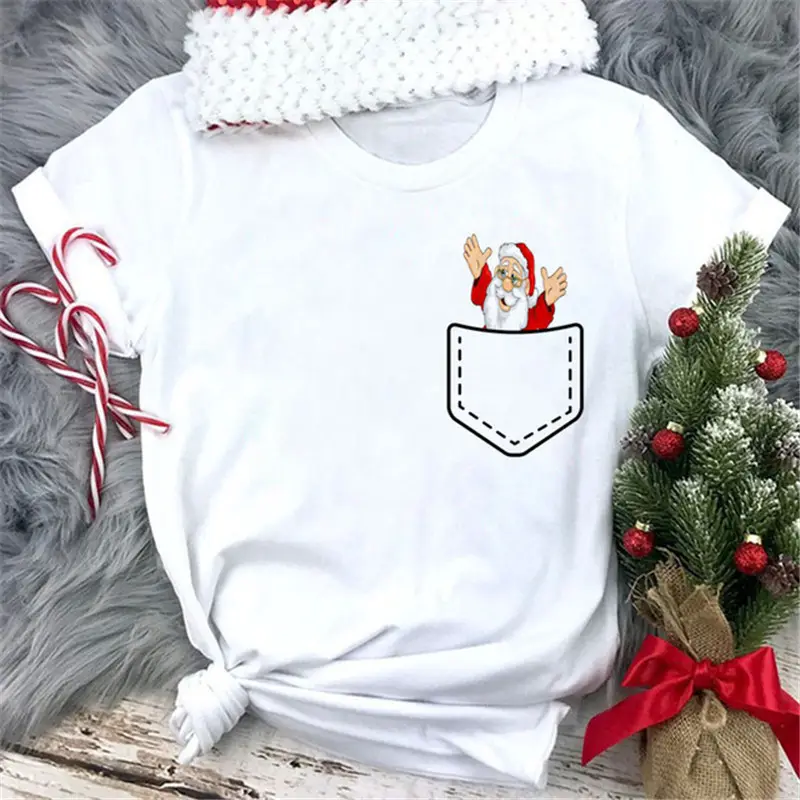 Women White Merry Christmas T-Shirt with High Heel Cartoon Print - Image 2