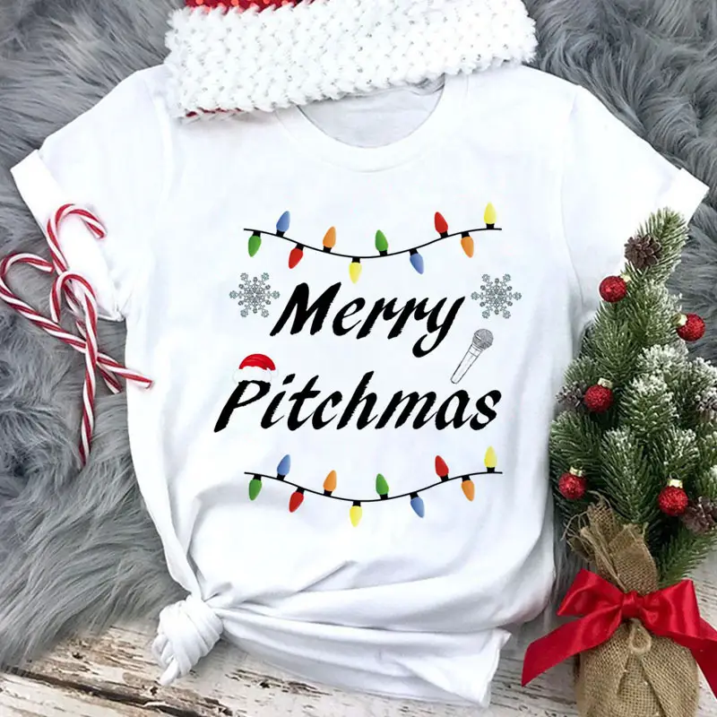 Women White Merry Christmas T-Shirt with High Heel Cartoon Print - Image 3