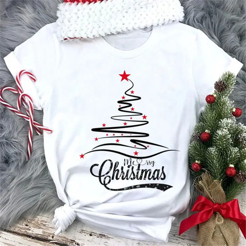 Women White Merry Christmas T-Shirt with High Heel Cartoon Print - Image 4