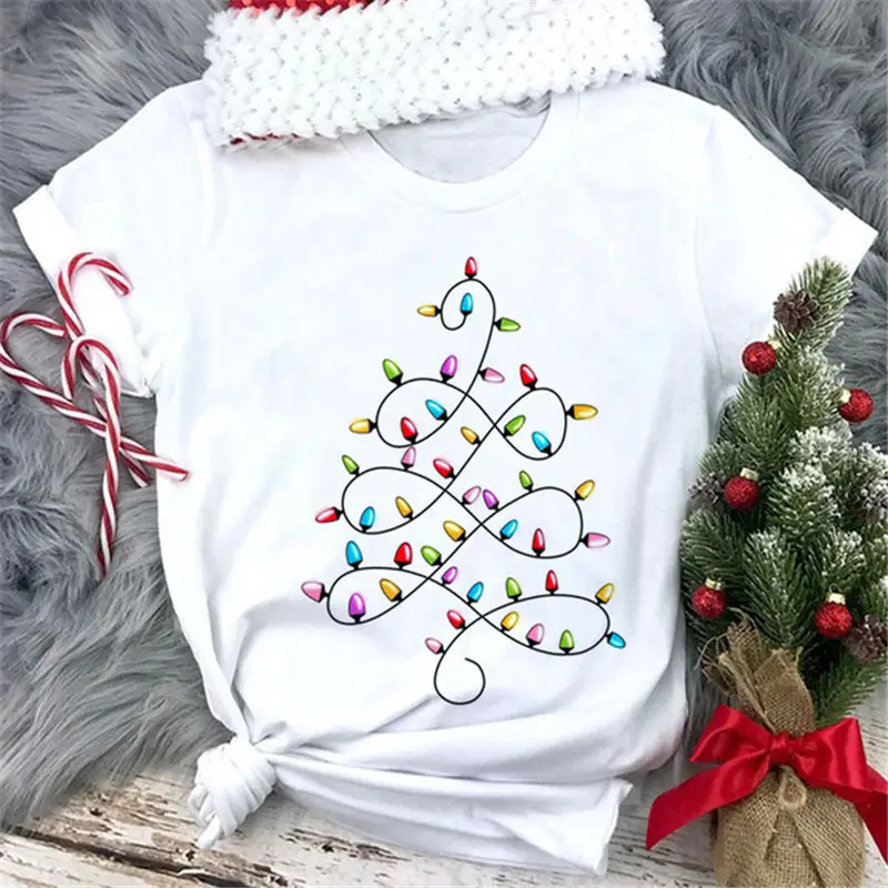 Women White Merry Christmas T-Shirt with High Heel Cartoon Print - Image 5