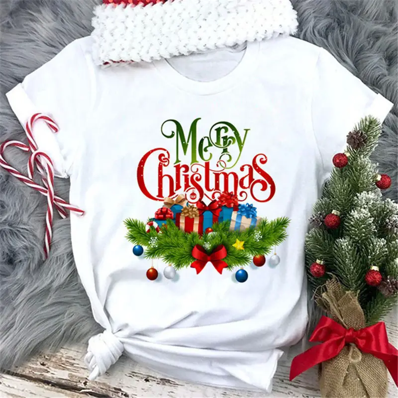 Women White Merry Christmas T-Shirt with High Heel Cartoon Print - Image 8