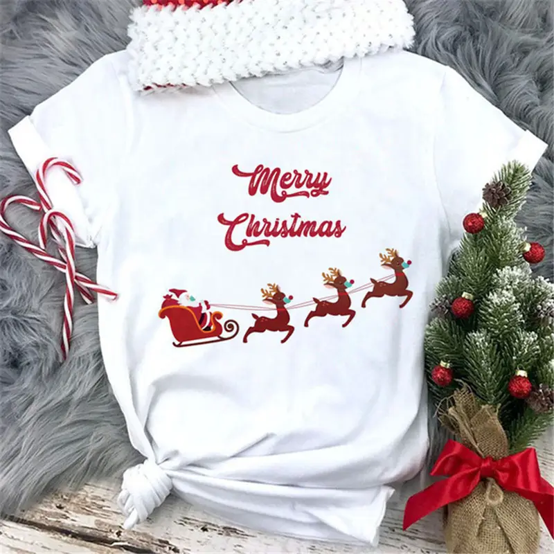 Women White Merry Christmas T-Shirt with High Heel Cartoon Print - Image 9
