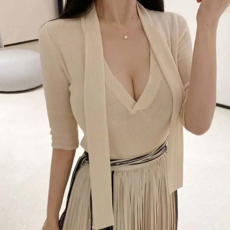 South Korea Ribbon Deep V Neck Low Cut Top for Women