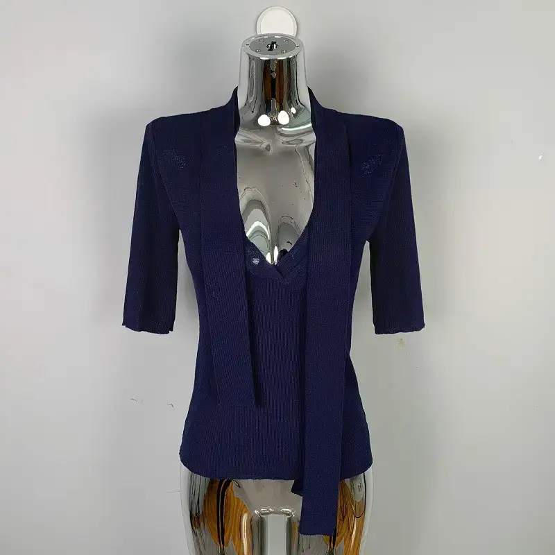South Korea Ribbon Deep V Neck Low Cut Top for Women