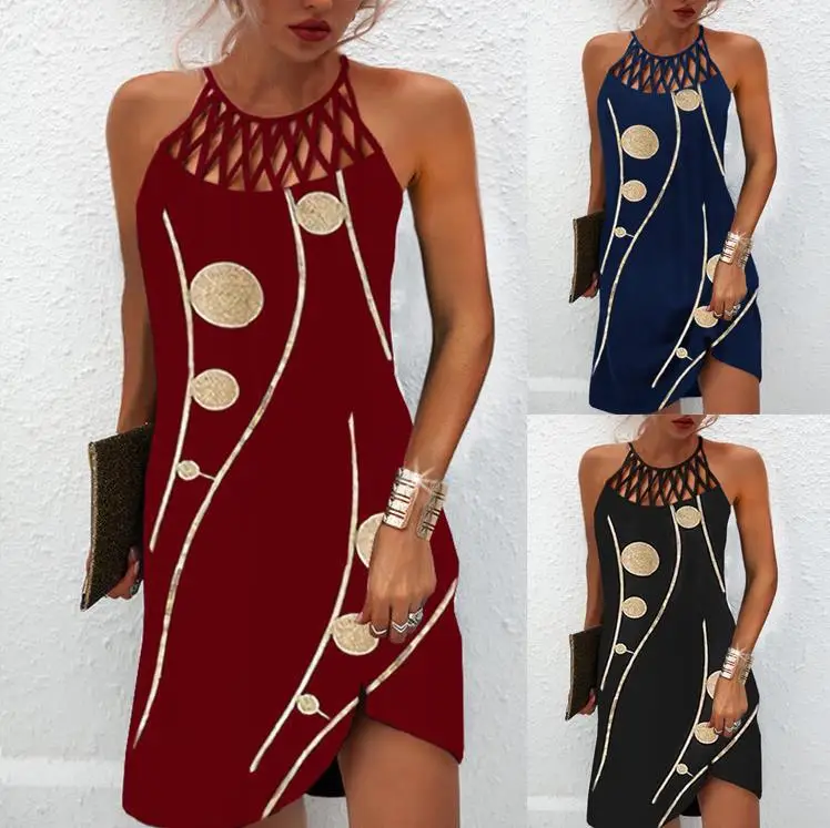 Women's Blue Printed Mesh Sleeveless Dress with Cut Out Neckline - Image 7