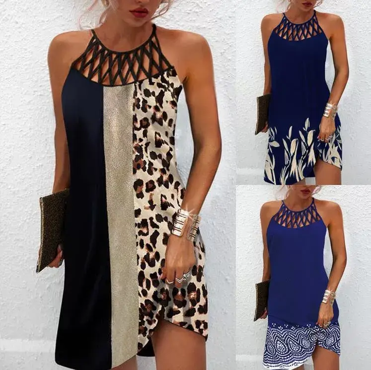 Women's Blue Printed Mesh Sleeveless Dress with Cut Out Neckline — feature 3