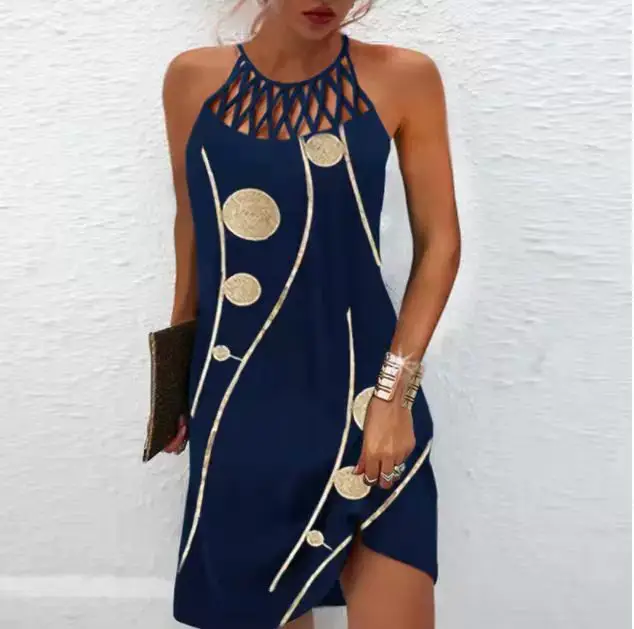 Women's Blue Printed Mesh Sleeveless Dress with Cut Out Neckline — feature 4