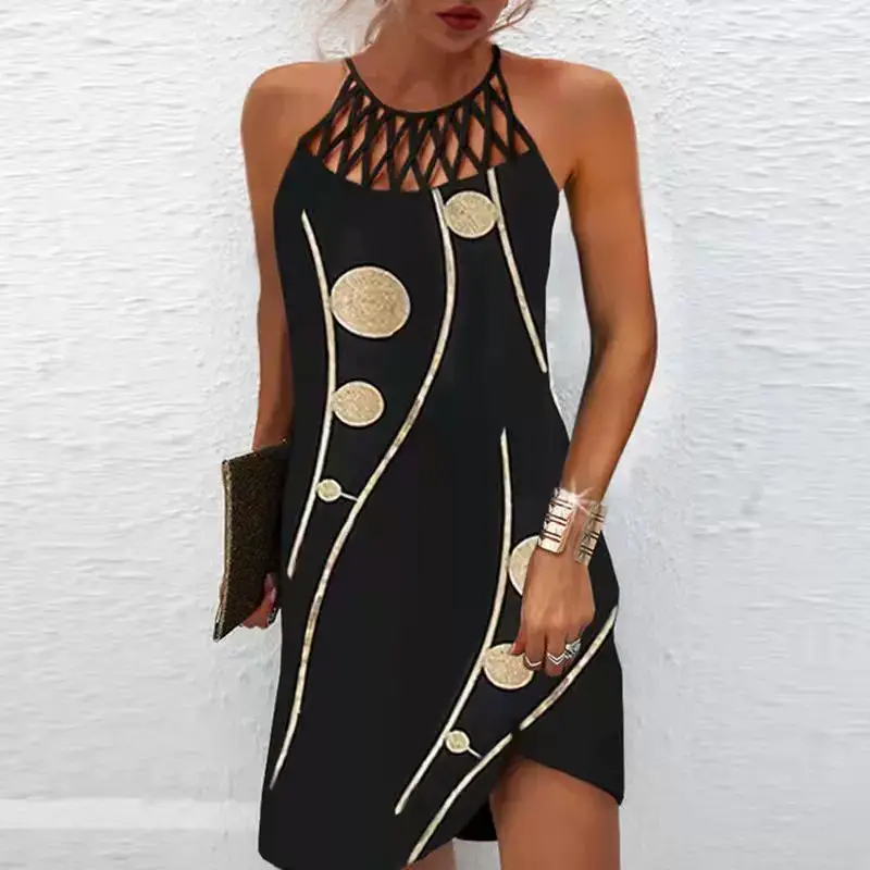 Women's Blue Printed Mesh Sleeveless Dress with Cut Out Neckline — feature 5