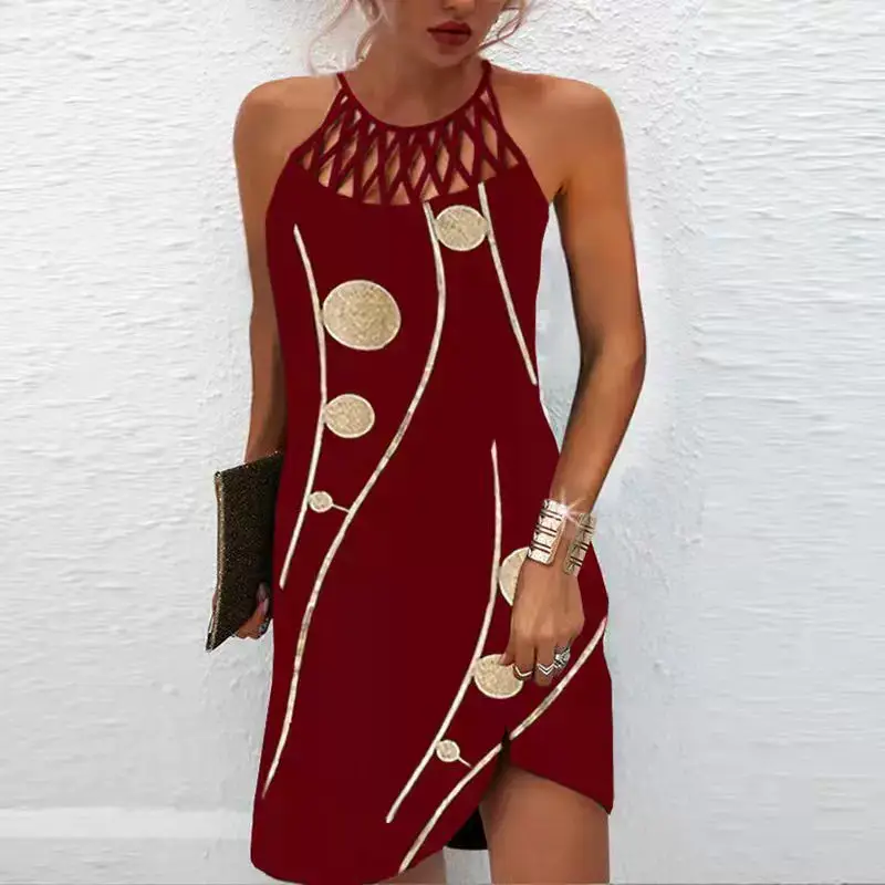 Women's Blue Printed Mesh Sleeveless Dress with Cut Out Neckline — feature 6
