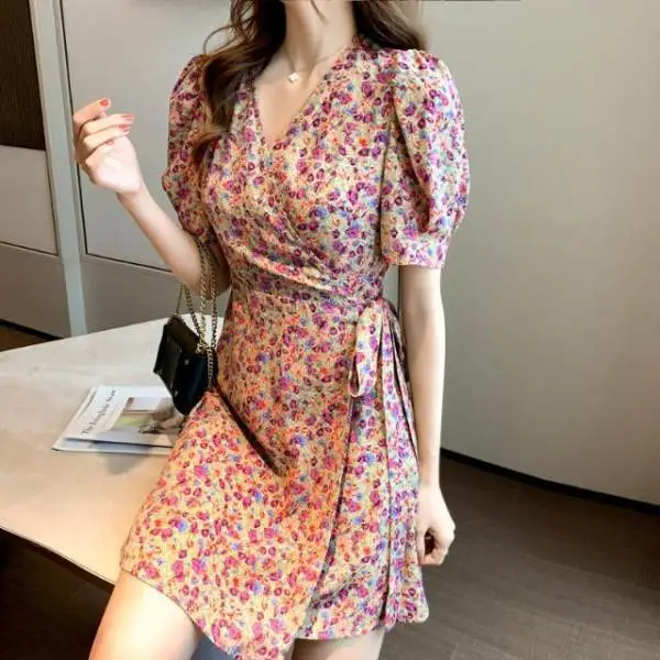 French Floral Skirt Dress V Neck Lace Up Summer Wear