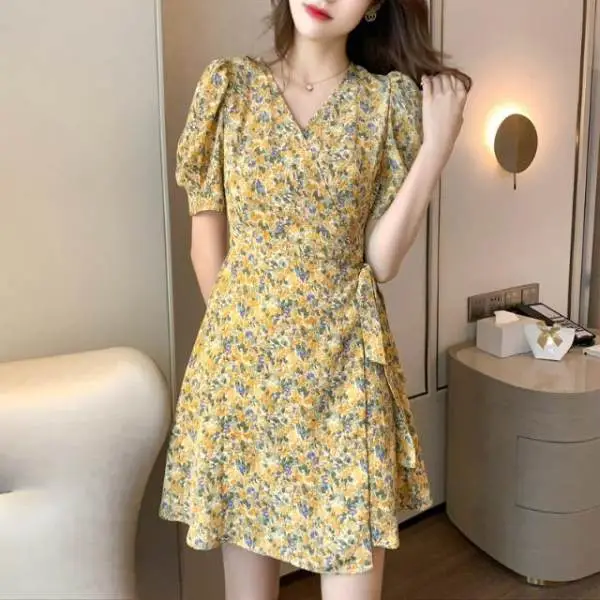 French Floral Skirt Dress V Neck Lace Up Summer Wear