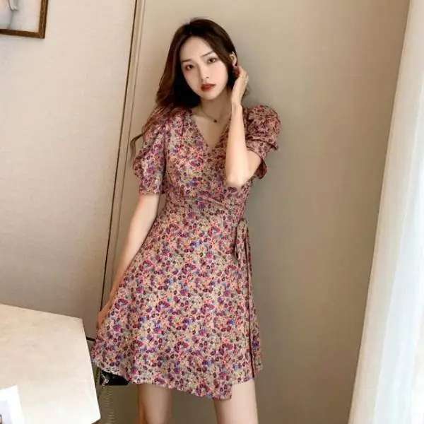 French Floral Skirt Dress V Neck Lace Up Summer Wear