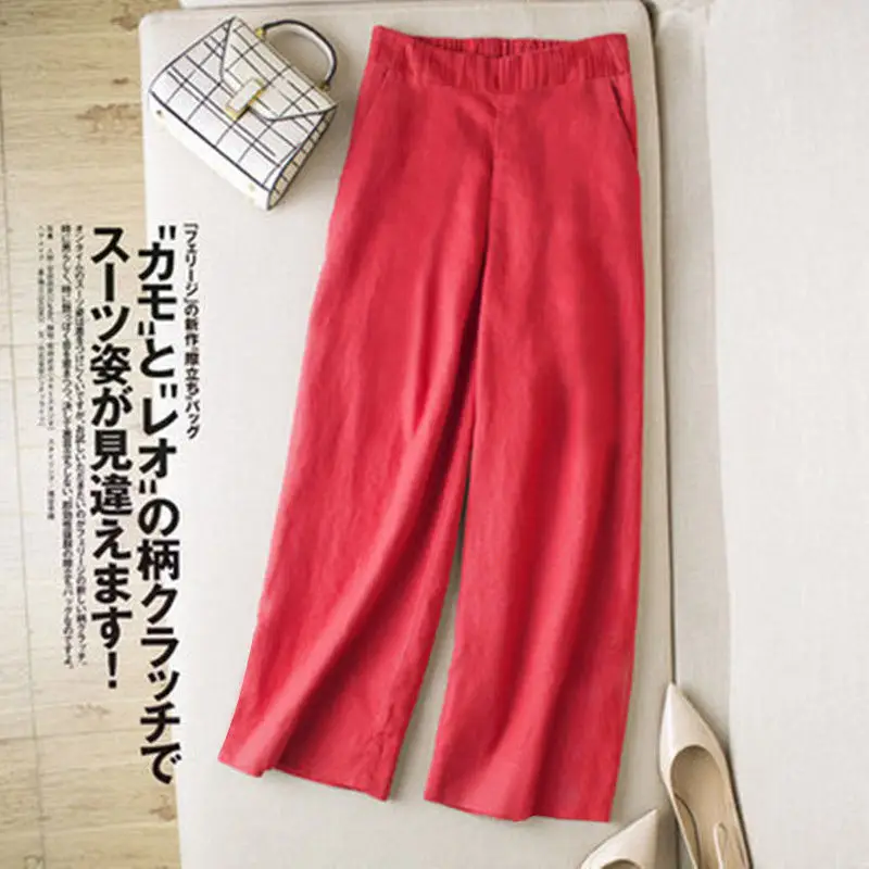 Women Red Linen Cropped Wide Leg Pants High Waist - Image 6