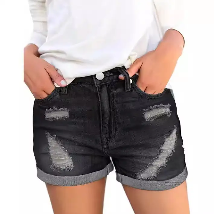 Factory European American Cross Border Denim Shorts Slim Ripped Cuffed - Image 5