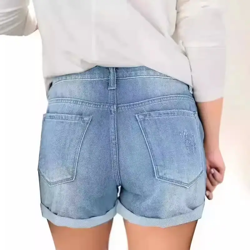 Factory European American Cross Border Denim Shorts Slim Ripped Cuffed - Image 6