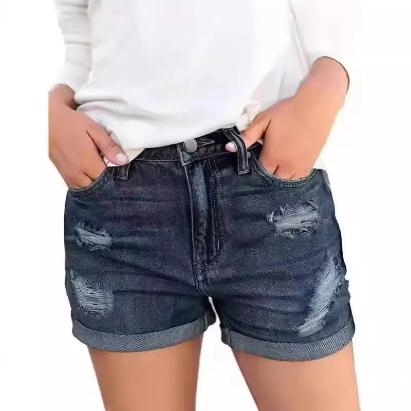 Factory European American Cross Border Denim Shorts Slim Ripped Cuffed - Image 7