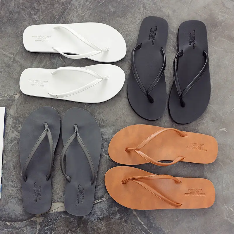 Men's Tan Leather Flip Flops Non-Slip Summer