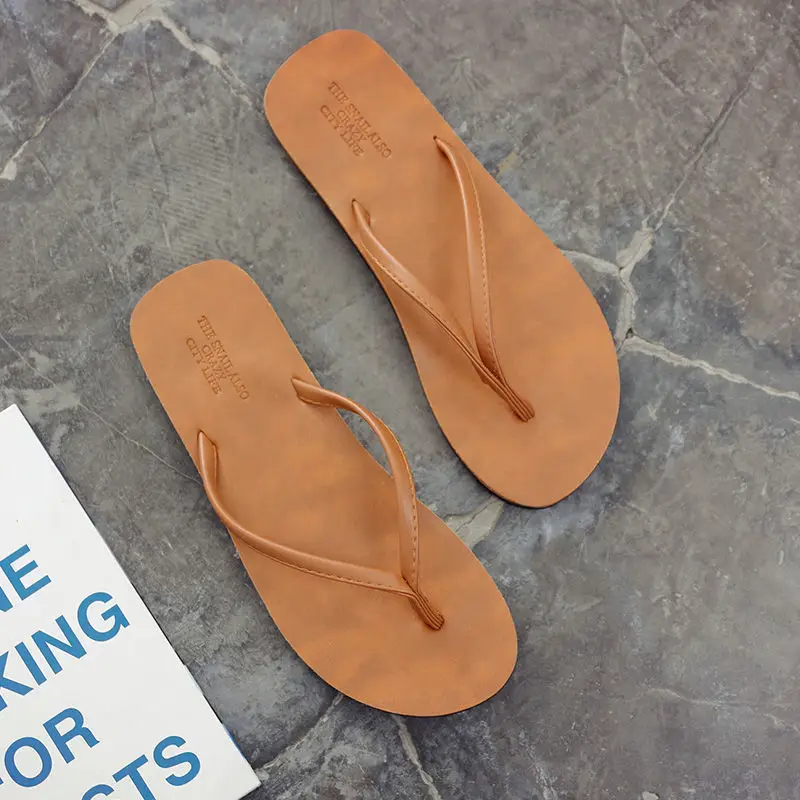 Men's Tan Leather Flip Flops Non-Slip Summer
