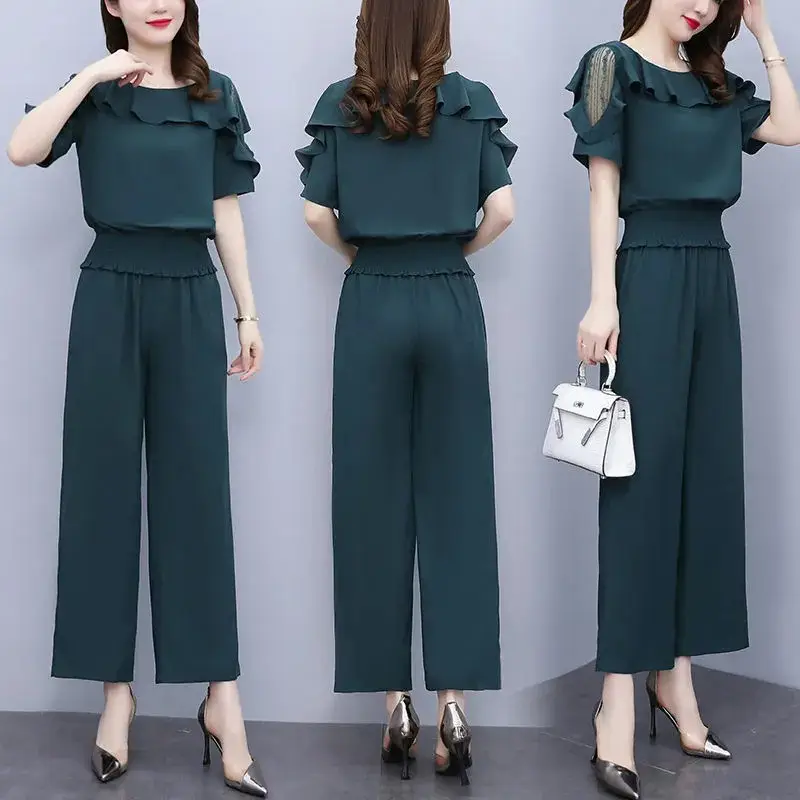 Black Wide Leg Tights with Ruffled Top for Women - Image 2