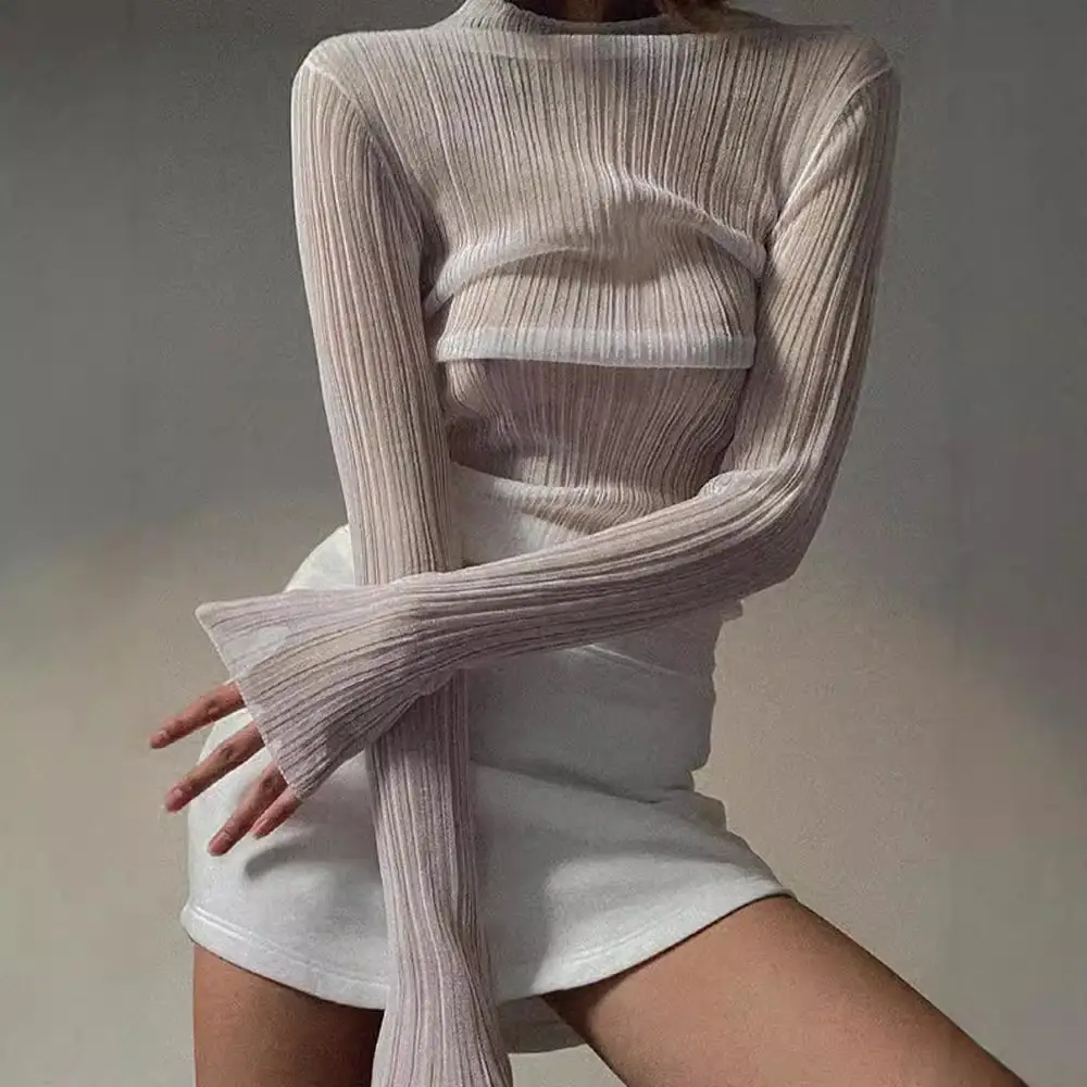 Women's Long Sleeve Striped T-Shirt High Collar White Beige - Image 5