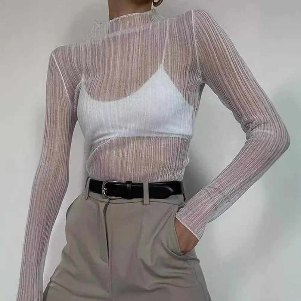 Women's Long Sleeve Striped T-Shirt High Collar White Beige - Image 8