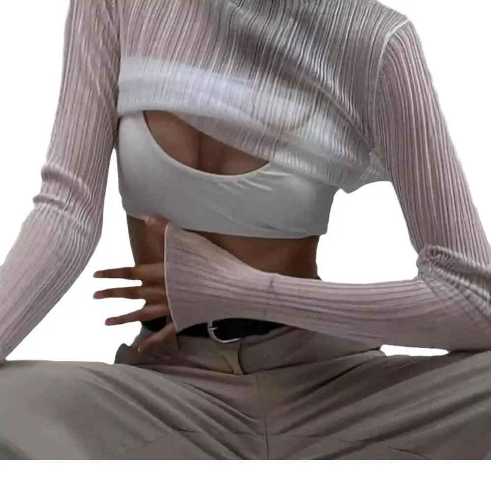 Women's Long Sleeve Striped T-Shirt High Collar White Beige - Image 9