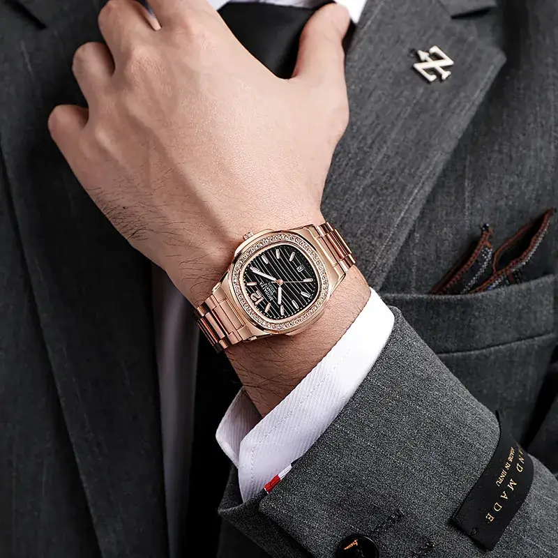 Men's Square Dial Quartz Watch with Diamond Crystal Band - Image 10
