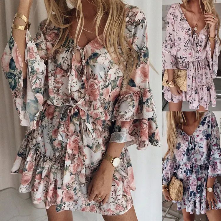 2022 Printed Chiffon V-Neck Dress for Women