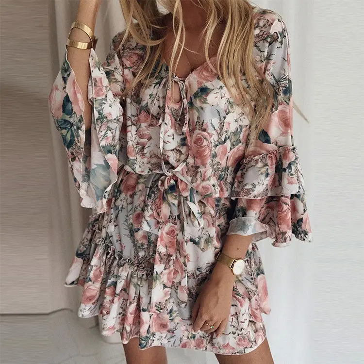 2022 Printed Chiffon V-Neck Dress for Women