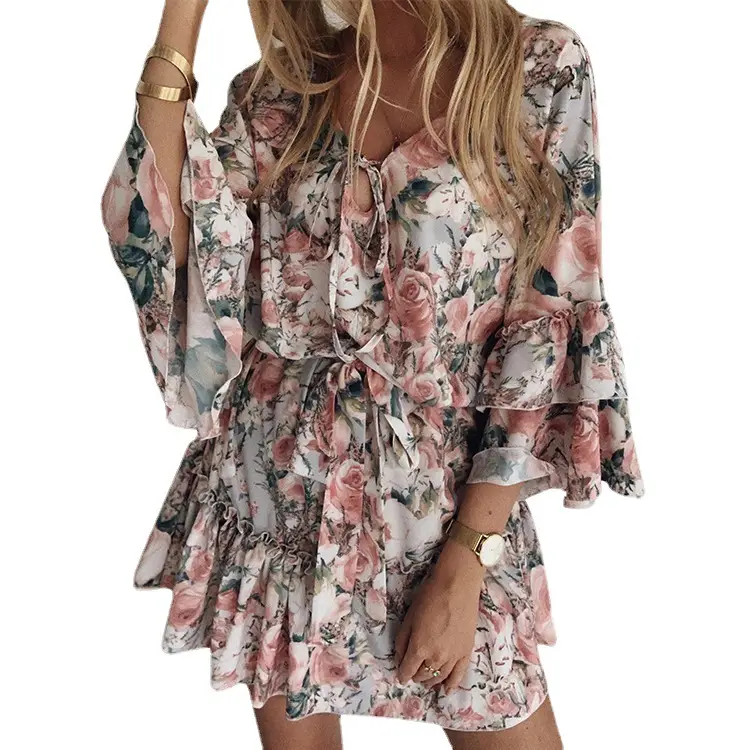 2022 Printed Chiffon V-Neck Dress for Women