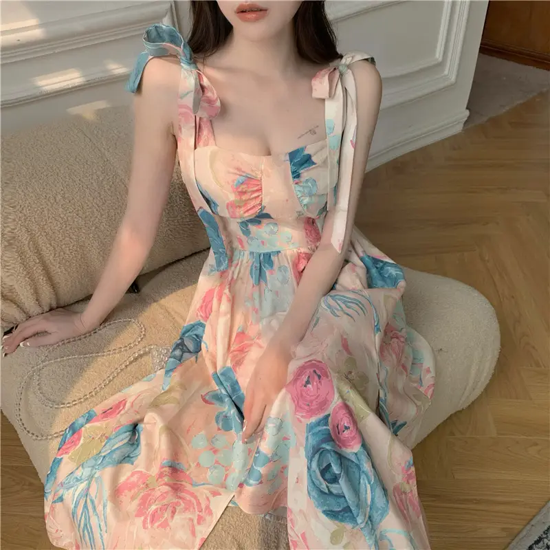 2022 Floral Skirt Bow Tie Square Neck Sleeveless Dress