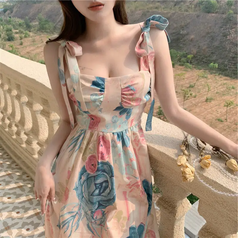 2022 Floral Skirt Bow Tie Square Neck Sleeveless Dress