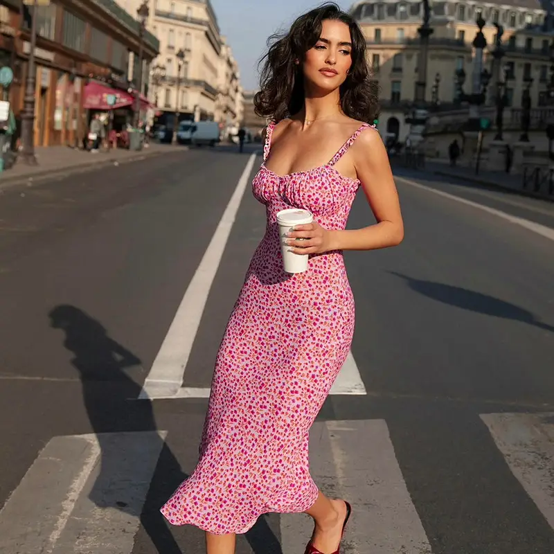 Pink Floral Suspender Skirt Dress for Women - Image 2