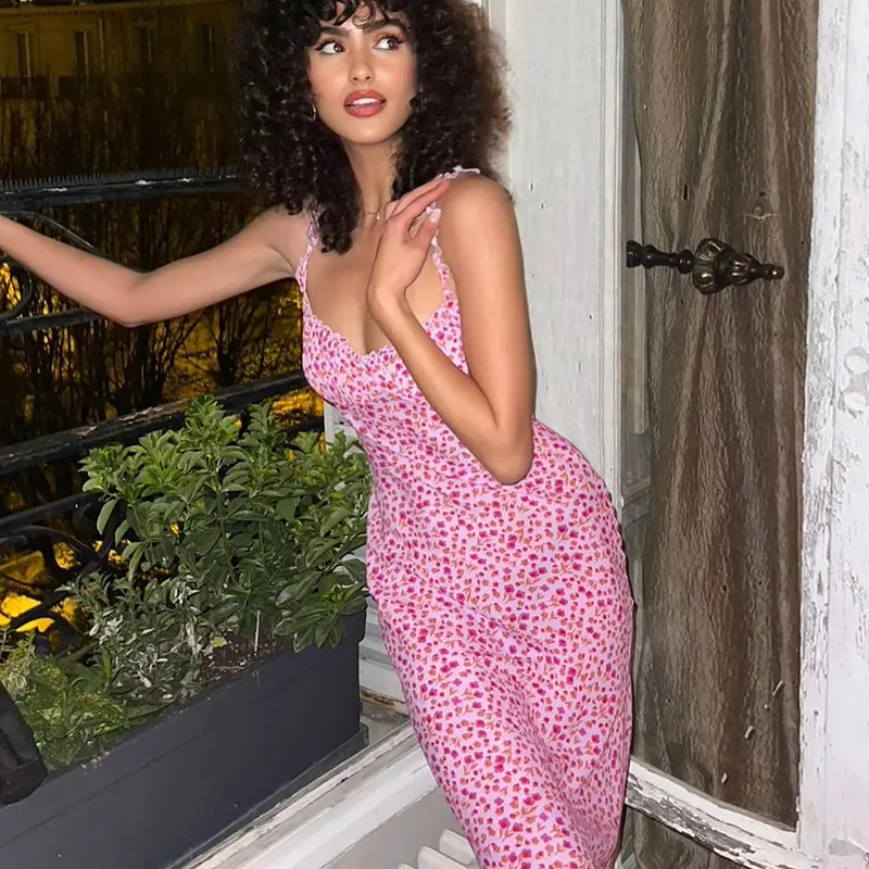 Pink Floral Suspender Skirt Dress for Women - Image 3
