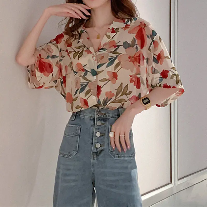 Women Floral Chiffon Draping Shirt Light Brown